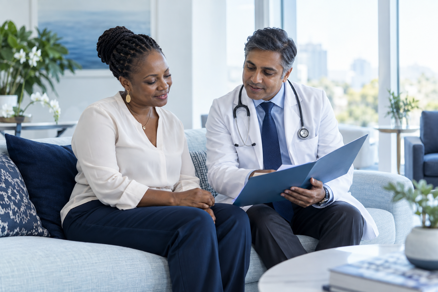 AI-generated illustrative scene of a patient discussing care with a physician